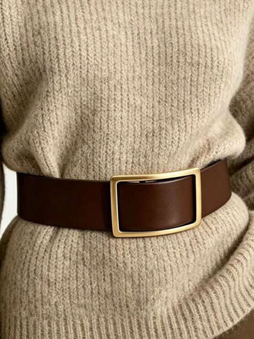 Wide Brown Leather Belt with Gold-Tone Rectangular Buckle